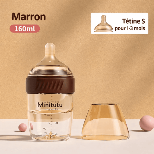 Biberon bébé 160ml couleur marron avec tétine silicone taille S adaptée aux nourrissons de 1 à 3 mois
