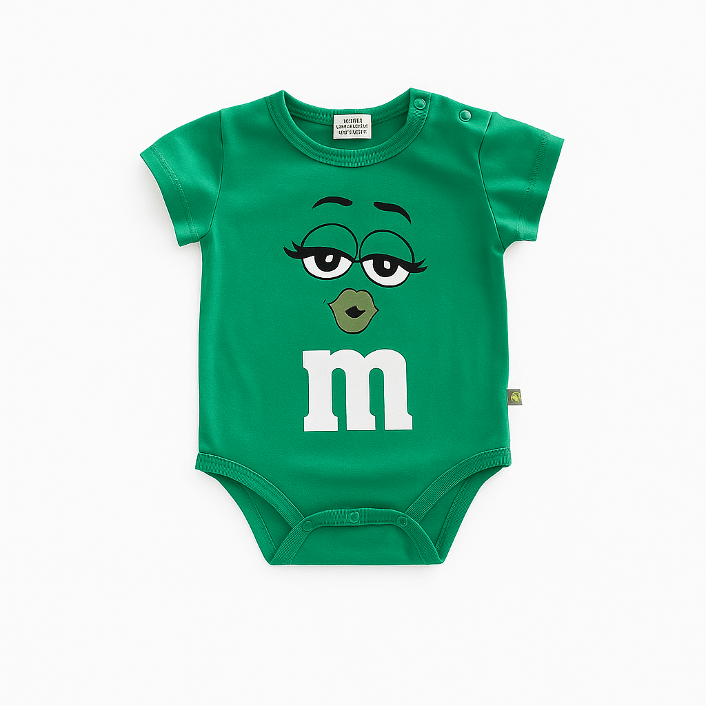 Body bébé vert inspiré du M&M’s vert avec visage féminin et bouche en forme de cœur, tenue amusante pour enfant.