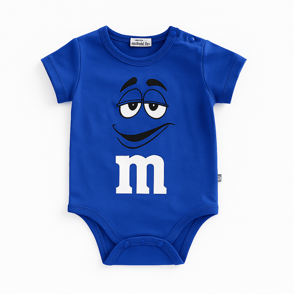 Body bébé bleu inspiré du M&M’s bleu avec expression détendue et humour, tenue originale pour bébé.
