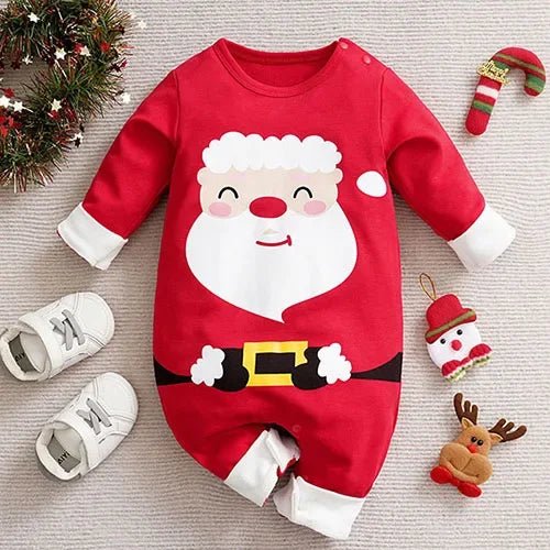 Combinaison bébé Kalinatur rouge en coton doux avec grand motif Père Noël, manches contrastées blanches et ouverture pratique à boutons pression.
