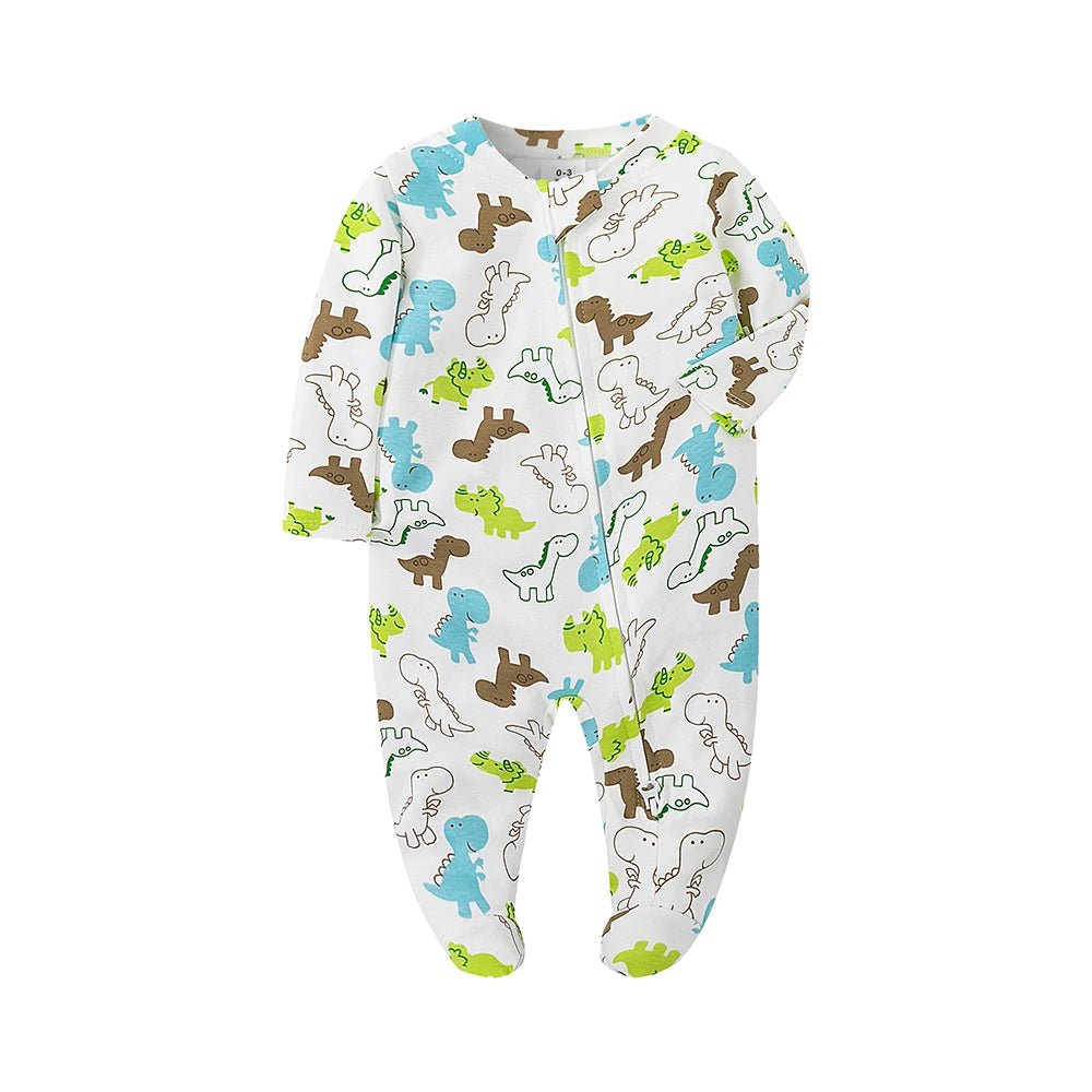 Grenouillère pour bébé en coton blanc, imprimée de dinosaures multicolores, avec fermeture zippée – collection Kalinatur