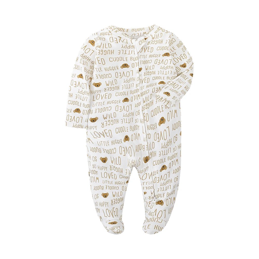 Grenouillère pour bébé en coton blanc, imprimée d’oursons et de mots doux, tons naturels – collection Kalinatur