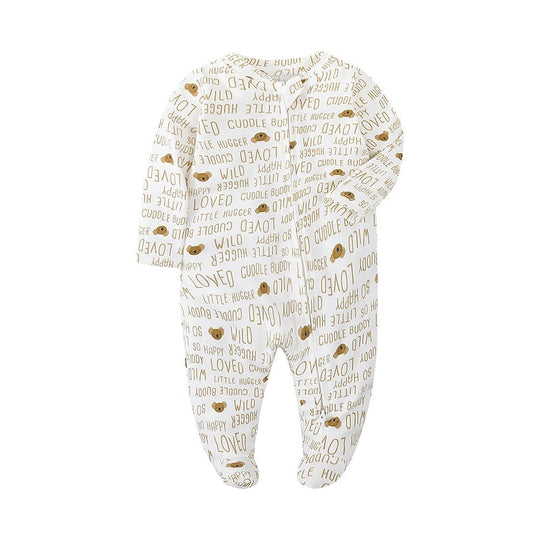 Grenouillère pour bébé en coton blanc, imprimée d’oursons et de mots doux, tons naturels – collection Kalinatur