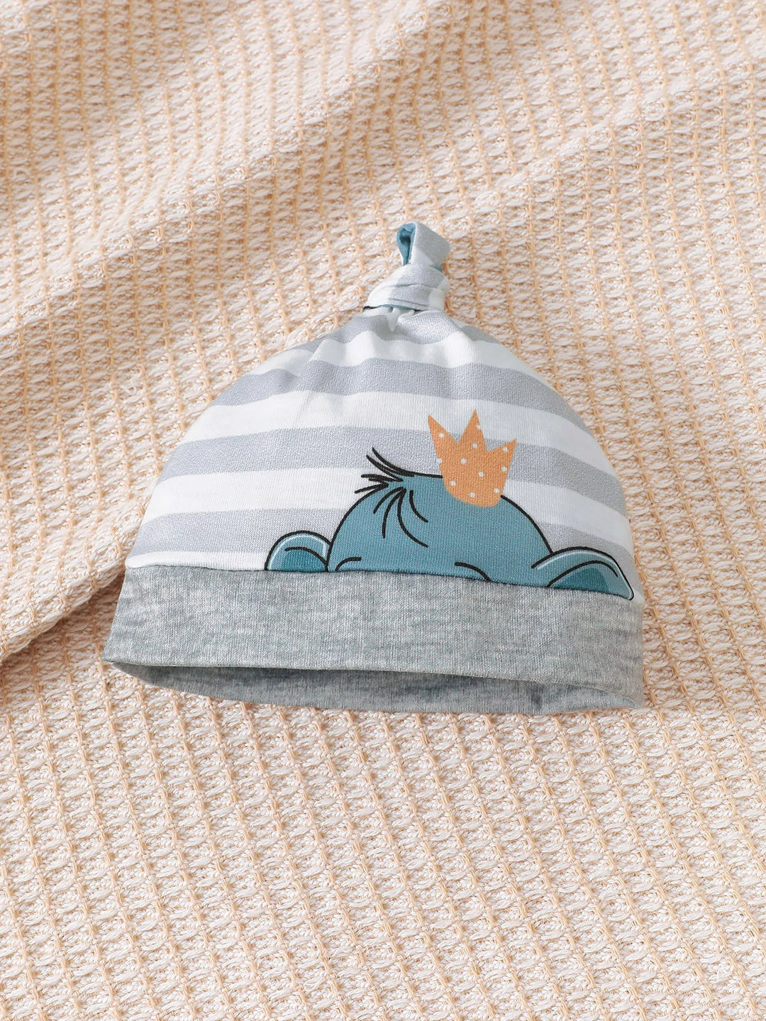 Bonnet bébé Kalinatur gris à rayures avec motif éléphant et petite couronne orange, tissu doux et confortable pour nouveau-né