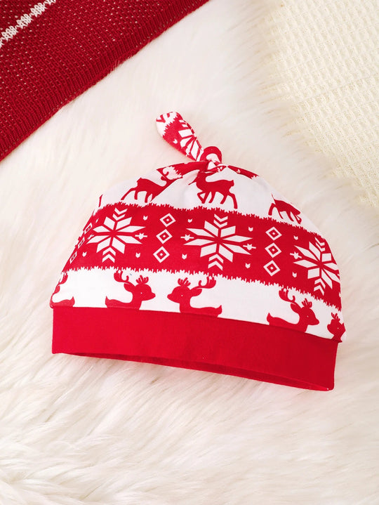 Bonnet de Noel pour bebe en coton rouge et blanc avec motifs rennes et flocons, accessoire d hiver doux et festif KaliNatur.
