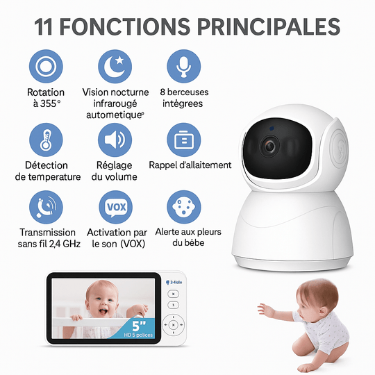 Caméra bebé BabyCam Serenity HD 5” - Vision nocturne & Audio bidirectionnel - Rotation 355°