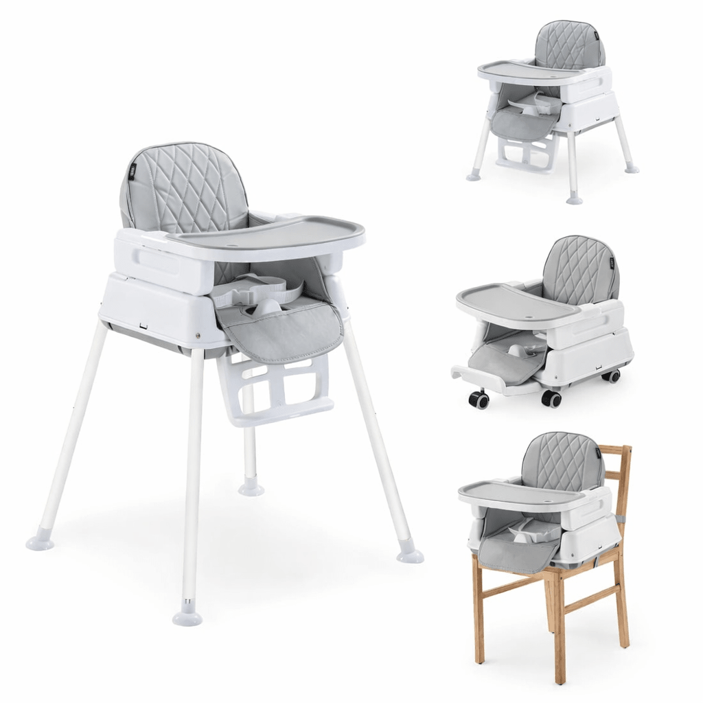 Chaise haute pour bébé multifonction gris clair avec coussin matelassé, plateau amovible et harnais de sécurité. Le produit est présenté en plusieurs configurations : chaise haute sur pieds, siège compact avec roulettes et rehausseur fixé sur une chaise.
