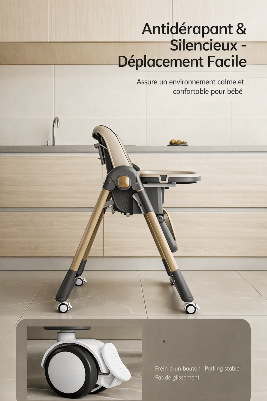 Chaise haute bébé évolutive avec roulettes silencieuses, système de frein à bouton et base antidérapante pour un déplacement facile et sécurisé.
