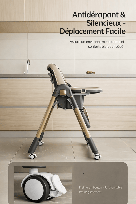 Chaise haute bébé évolutive avec roulettes silencieuses, système de frein à bouton et base antidérapante pour un déplacement facile et sécurisé.
