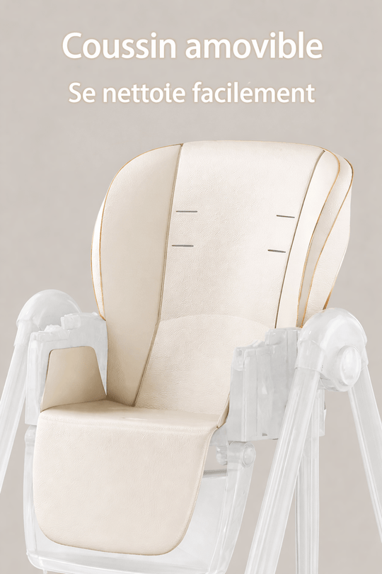 Gros plan sur une chaise haute pour bébé avec coussin amovible en similicuir, facile à nettoyer et conçu pour plus de confort pendant les repas.
