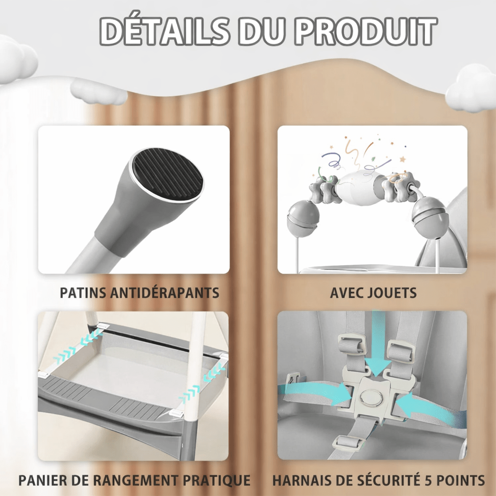 Détails de la chaise haute bébé : pieds antidérapants, jouets intégrés, panier de rangement pratique et harnais de sécurité à 5 points.

