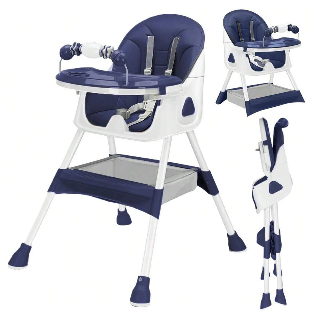 Chaise haute bébé pliable avec plateau repas, jouets intégrés, harnais de sécurité et panier de rangement pour les repas et jeux de bébé.
