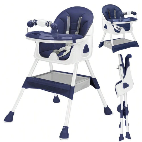Chaise haute bébé pliable avec plateau repas, jouets intégrés, harnais de sécurité et panier de rangement pour les repas et jeux de bébé.
