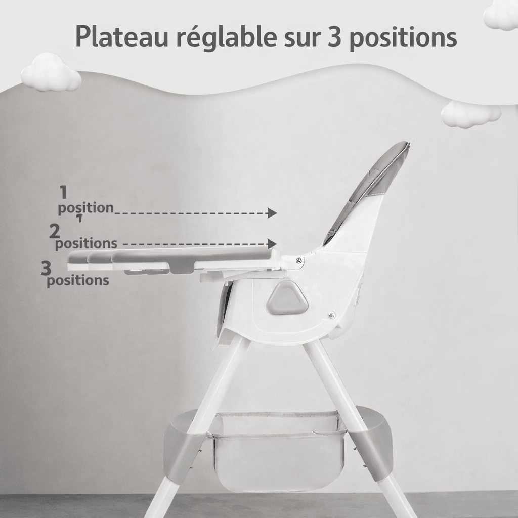 Chaise haute bébé avec plateau repas réglable sur trois positions pour s’adapter à la croissance de l’enfant et offrir plus de confort pendant les repas.
