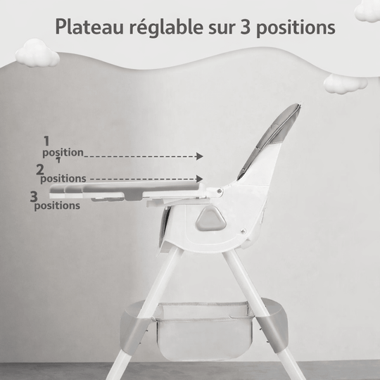 Chaise haute bébé avec plateau repas réglable sur trois positions pour s’adapter à la croissance de l’enfant et offrir plus de confort pendant les repas.
