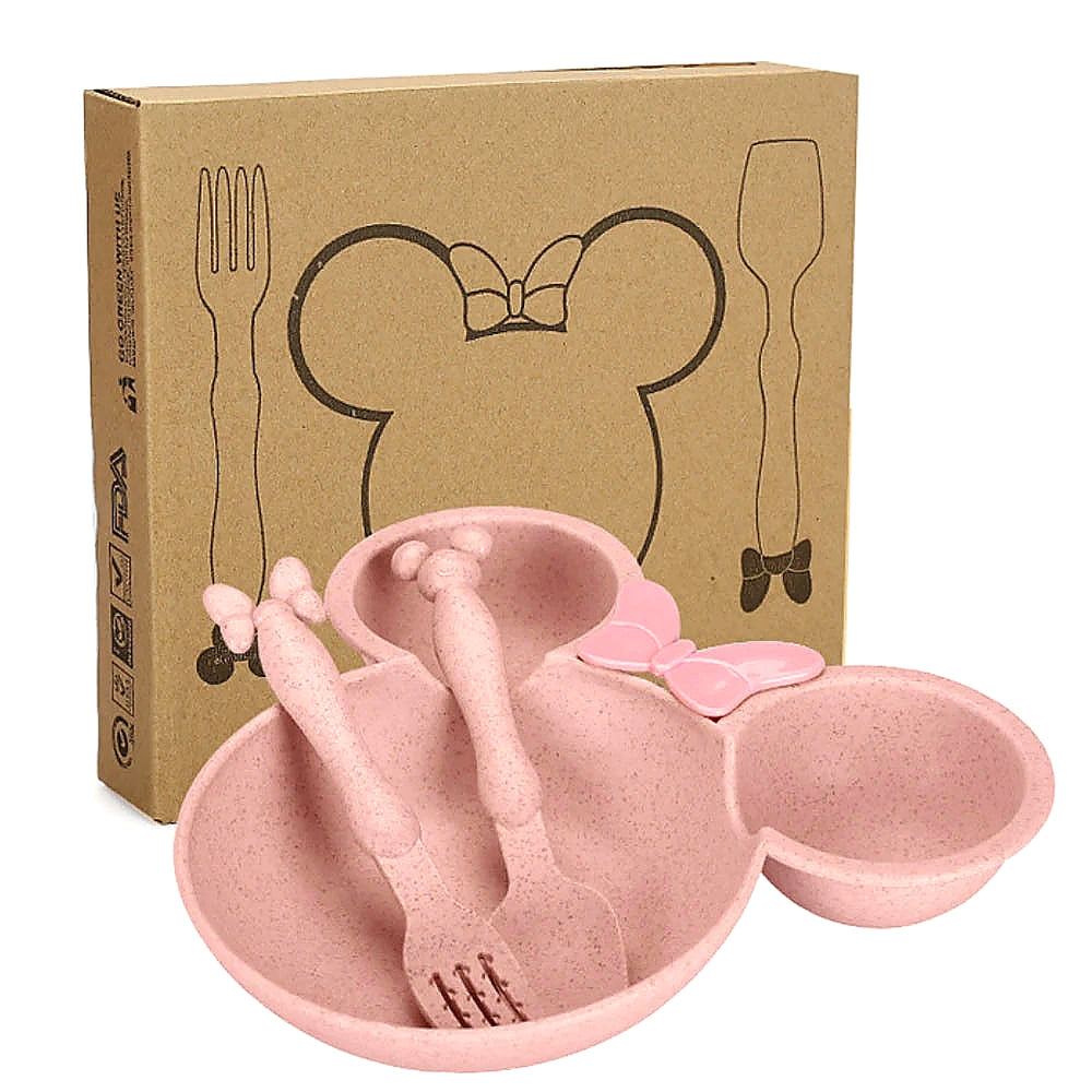 Coffret repas bébé rose en silicone avec assiette compartimentée ludique, bol, cuillère et fourchette, sans BPA, idéal pour les premiers repas
