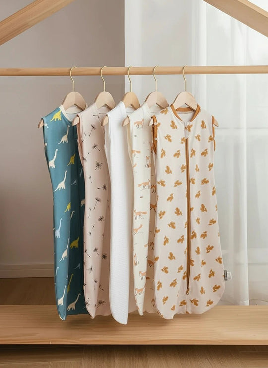 Collection de gigoteuses d’été Kalinatur suspendues sur cintres en bois, avec motifs dinosaures, pissenlits, renards, feuilles et chênes dorés, en coton léger et respirant.
