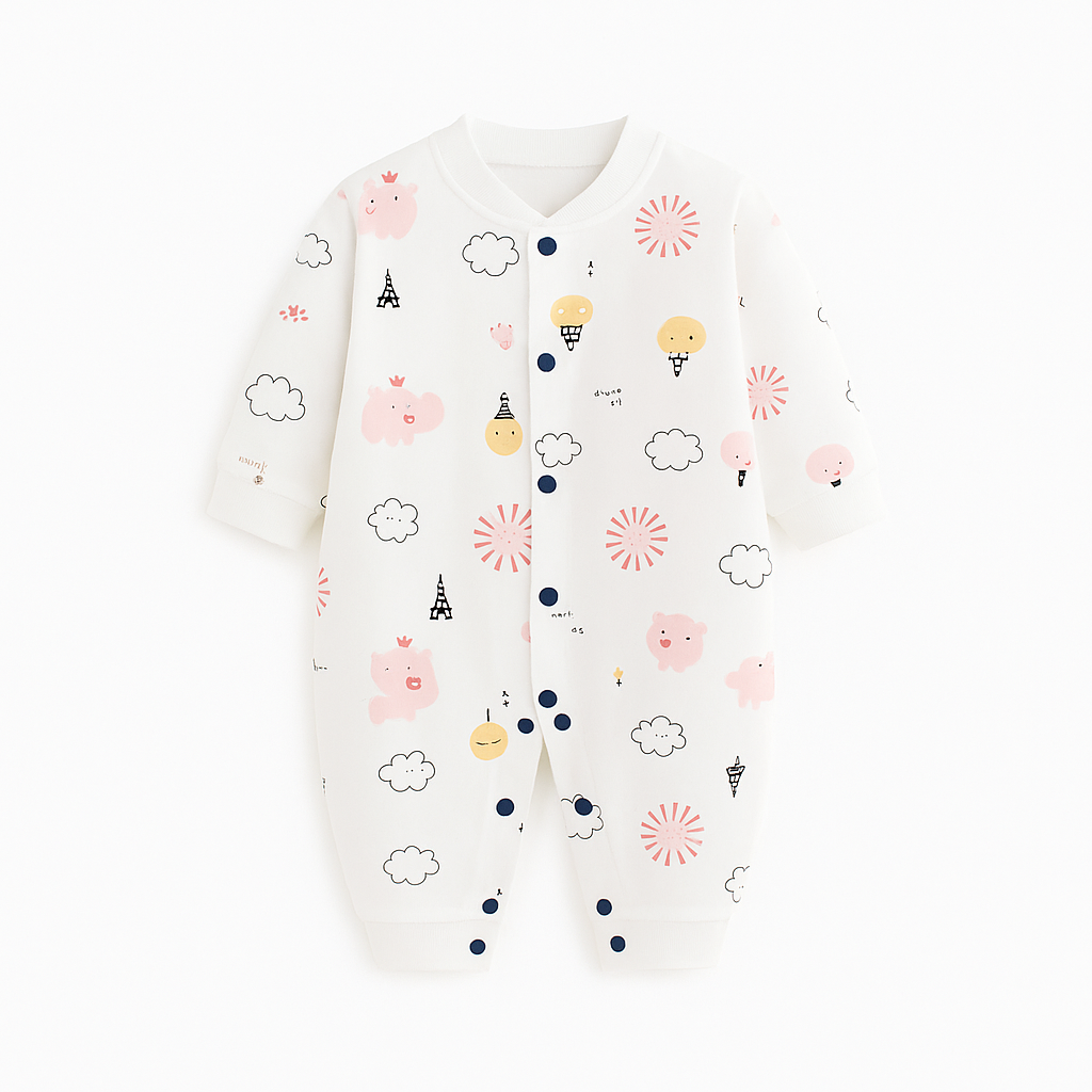Combinaison bébé motif ampoules ,nuages Paris Elephant Rose – tenue douce, confortable et chaude pour nouveau-né