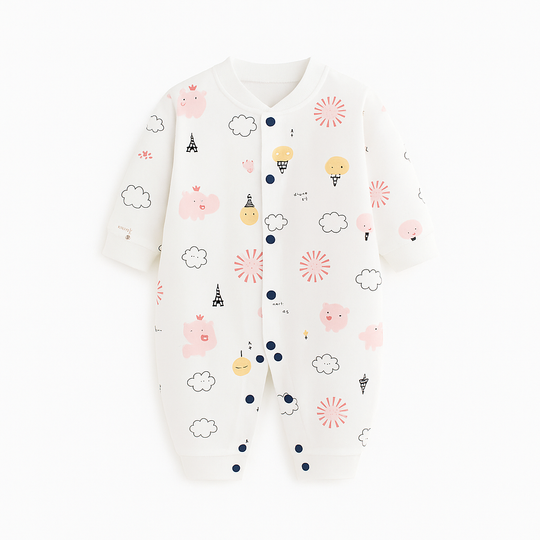 Combinaison bébé motif ampoules ,nuages Paris Elephant Rose – tenue douce, confortable et chaude pour nouveau-né