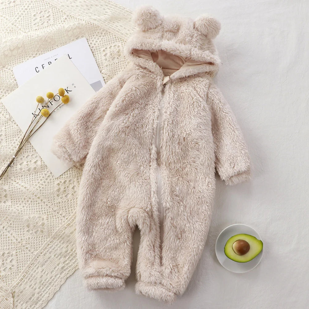 Combinaison bébé en fourrure crème avec capuche oreilles d’ours – Kalinatur