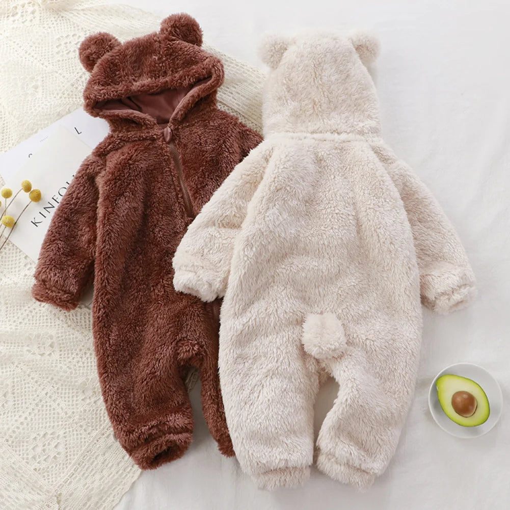 Combinaisons bébé en fourrure marron et crème avec capuche oreilles ours – Kalinatur