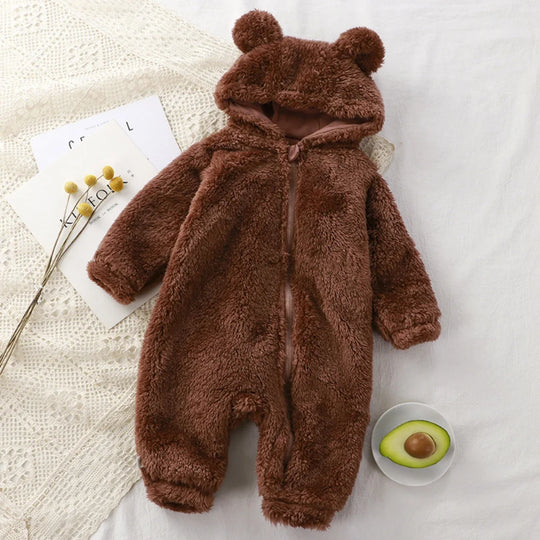 Combinaison bébé en fourrure marron avec capuche oreilles d’ours – Kalinatur