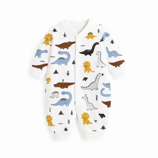 Combinaison bébé blanche avec imprimés dinosaures jaunes, bleus, marron et verts, détails de petits arbres et plantes, look ludique et amusant.