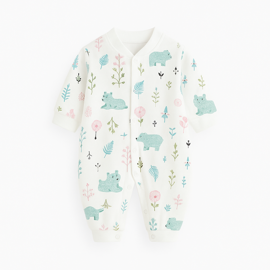 Combinaison bébé blanche ornée de motifs ours verts et plantes délicates, feuillages pastel, ambiance nature douce et minimaliste.