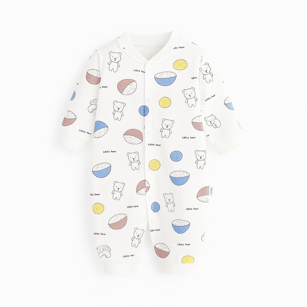 Combinaison bébé blanche ornée de petits oursons et bols colorés bleu, jaune et marron, ambiance douce et enfantine.