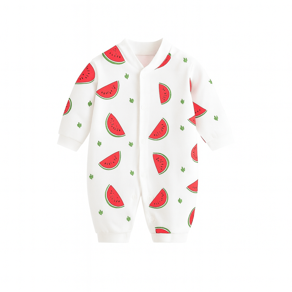Combinaison bébé blanche à manches longues décorée de quartiers de pastèque rose et verte, motifs frais et estivaux, tissu doux et confortable Kalinatur.