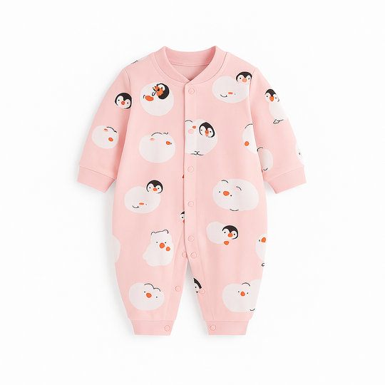 Combinaison bébé rose pâle décorée de pingouins stylisés et petits pois orange, look amusant et lumineux.