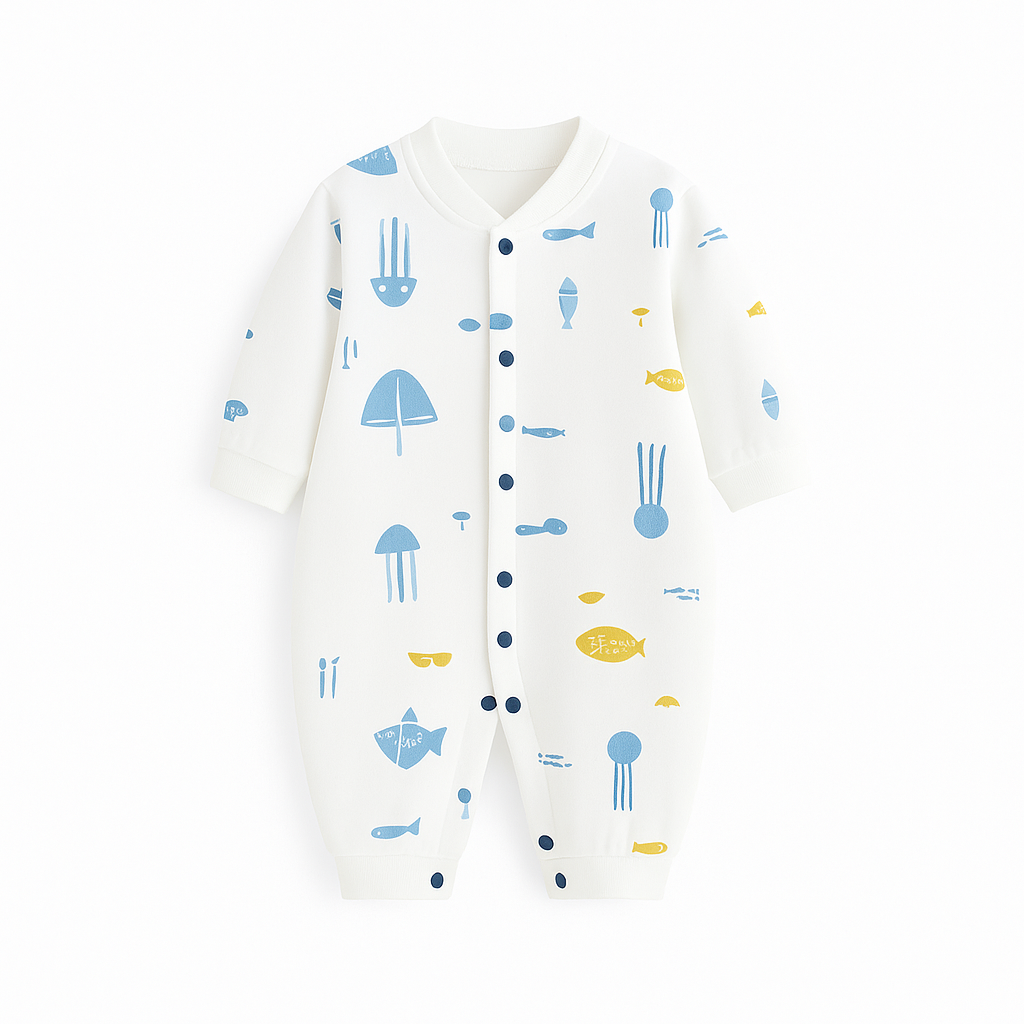 Combinaison bébé beige avec petits motifs, style élégant et minimaliste.