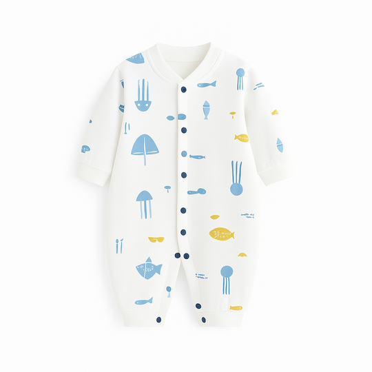 Combinaison bébé beige avec petits motifs, style élégant et minimaliste.