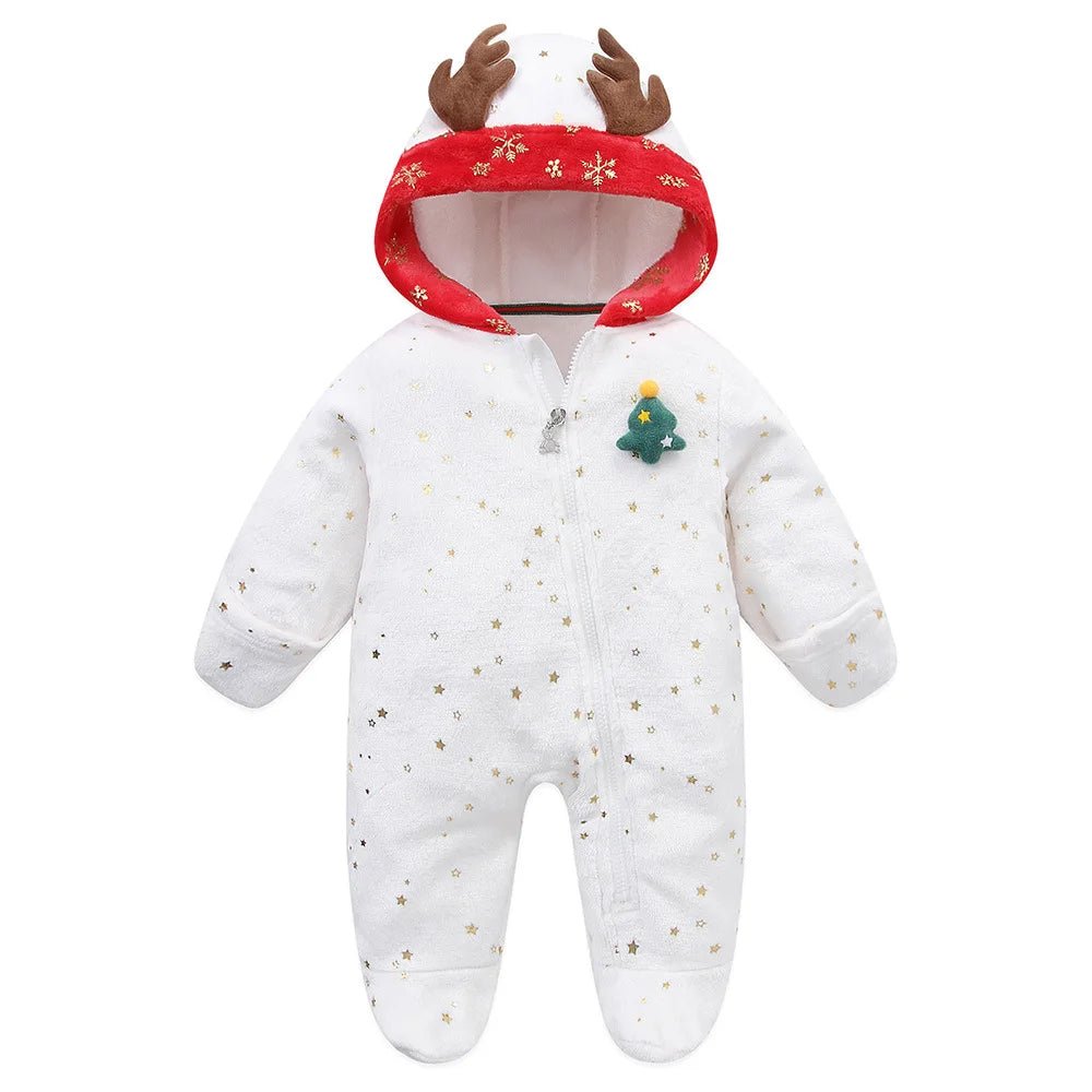 Combinaison bébé Kalinatur™ blanche à capuche rennes, chaude et douce pour l’hiver, idéale pour Noël.
