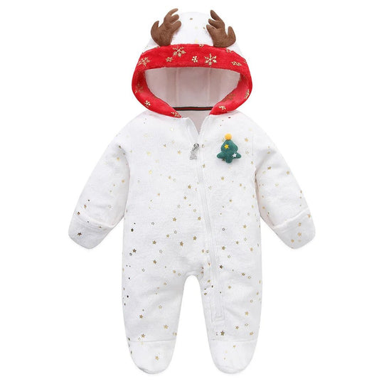 Combinaison bébé Kalinatur™ blanche à capuche rennes, chaude et douce pour l’hiver, idéale pour Noël.
