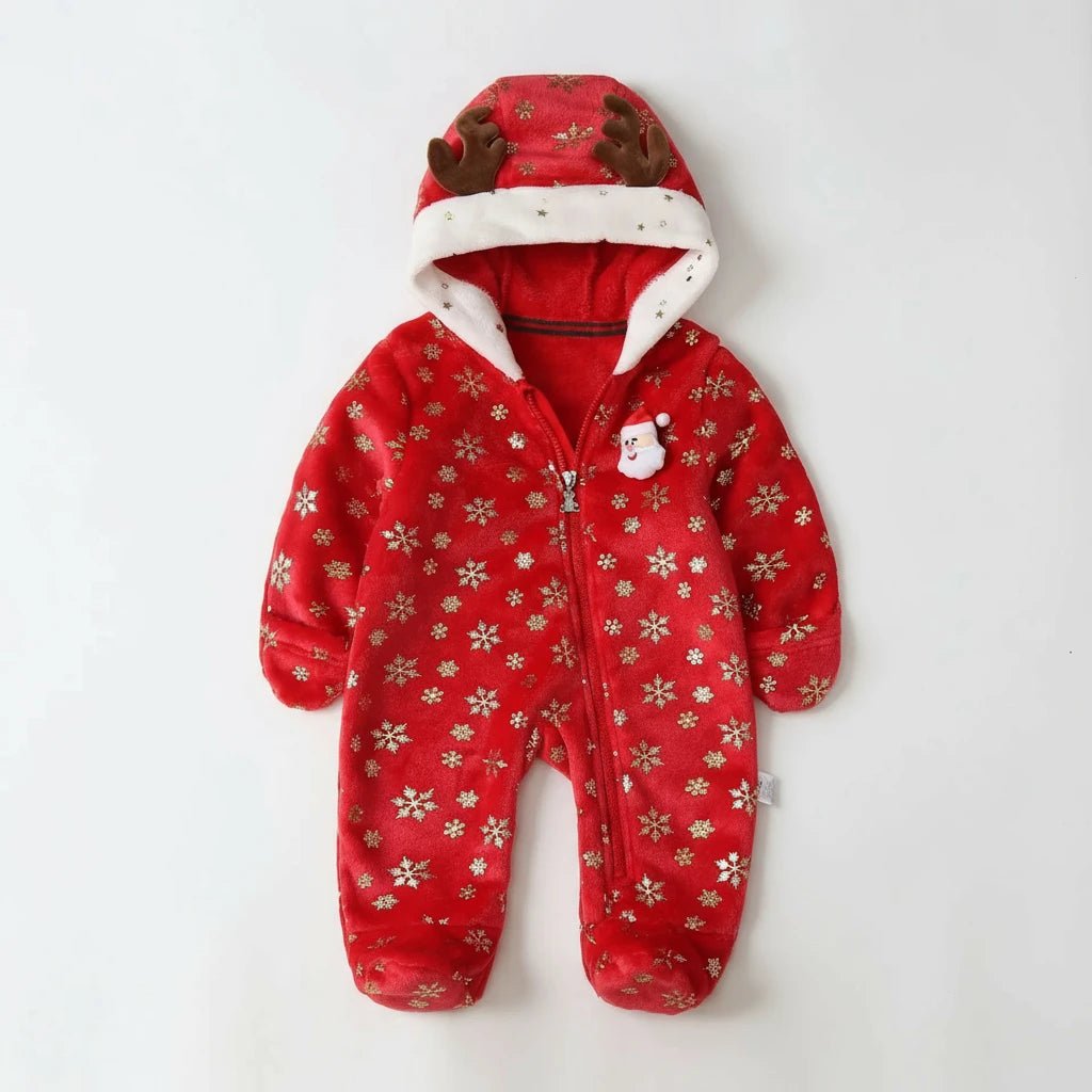 Combinaison bébé Kalinatur™ rouge de Noël avec flocons dorés et capuche bois de renne, douce et chaude pour l’hiver.
