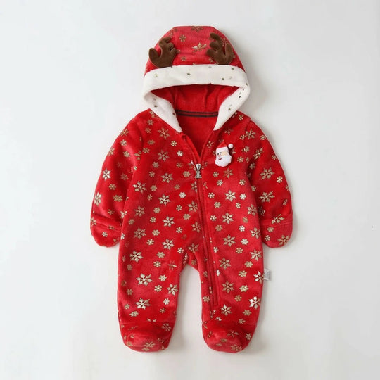 Combinaison bébé Kalinatur™ rouge de Noël avec flocons dorés et capuche bois de renne, douce et chaude pour l’hiver.
