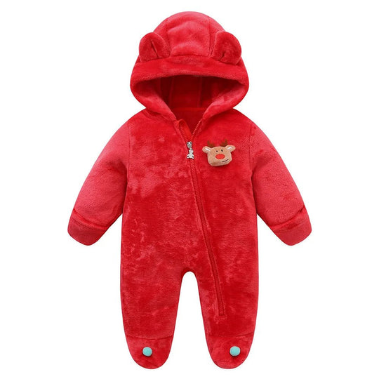 Combinaison bébé Kalinatur™ rouge en velours doux, chaude et confortable, avec capuche et motif renne, spéciale Noël.
