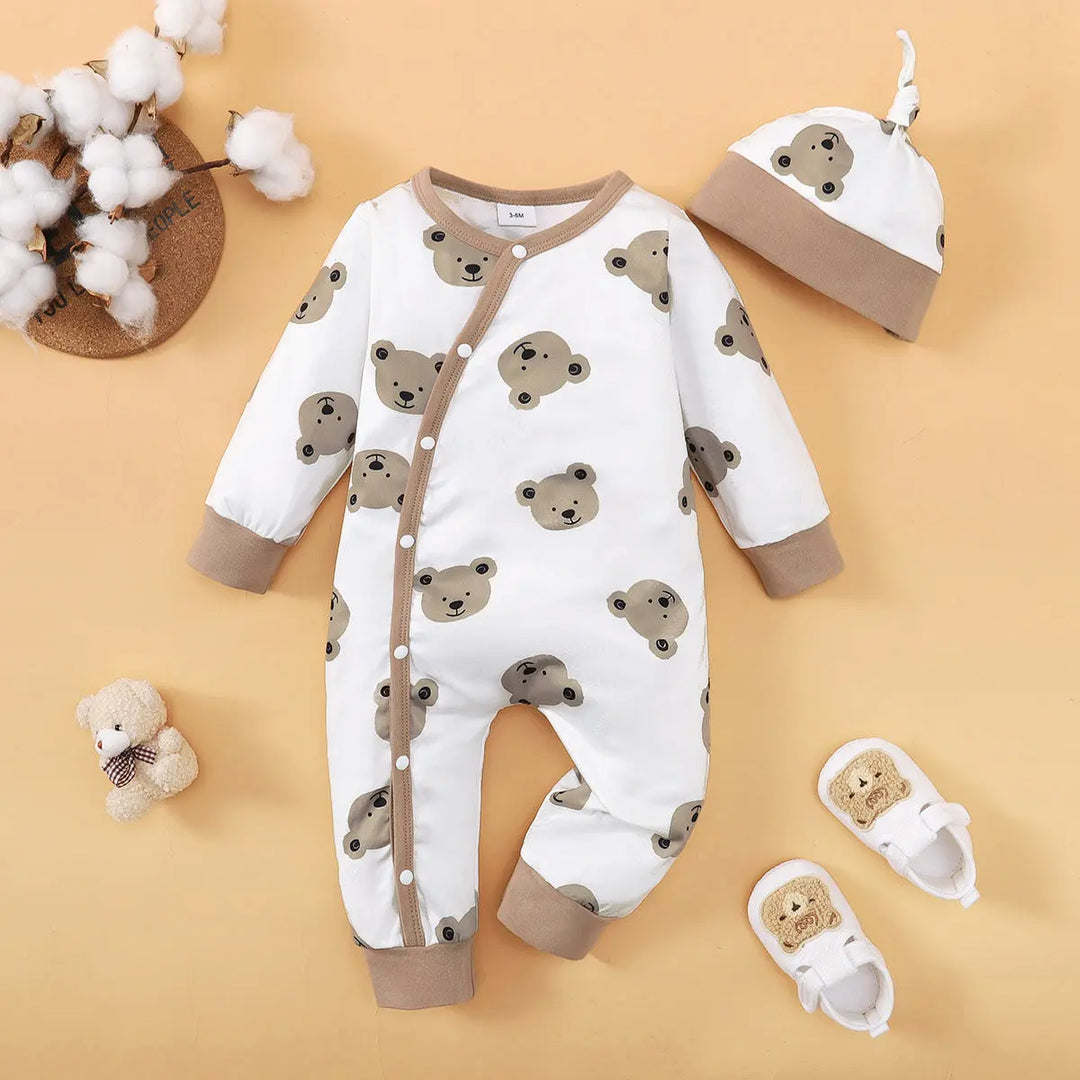 Combinaison bebe blanche imprimee de têtes d ours marron avec bonnet assorti, tenue confortable et mignonne KaliNatur.
