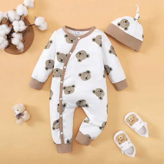 Combinaison bebe blanche imprimee de têtes d ours marron avec bonnet assorti, tenue confortable et mignonne KaliNatur.