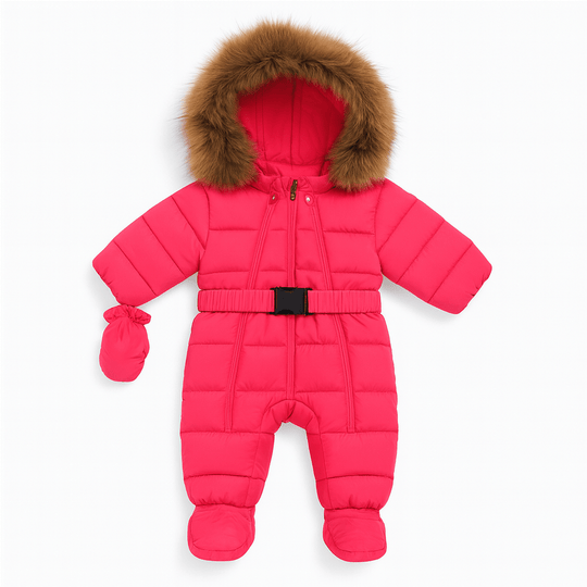 Combinaison hiver bébé Kalinatur™ rouge avec capuche bordée de fausse fourrure, moufles assorties et ceinture de maintien.
