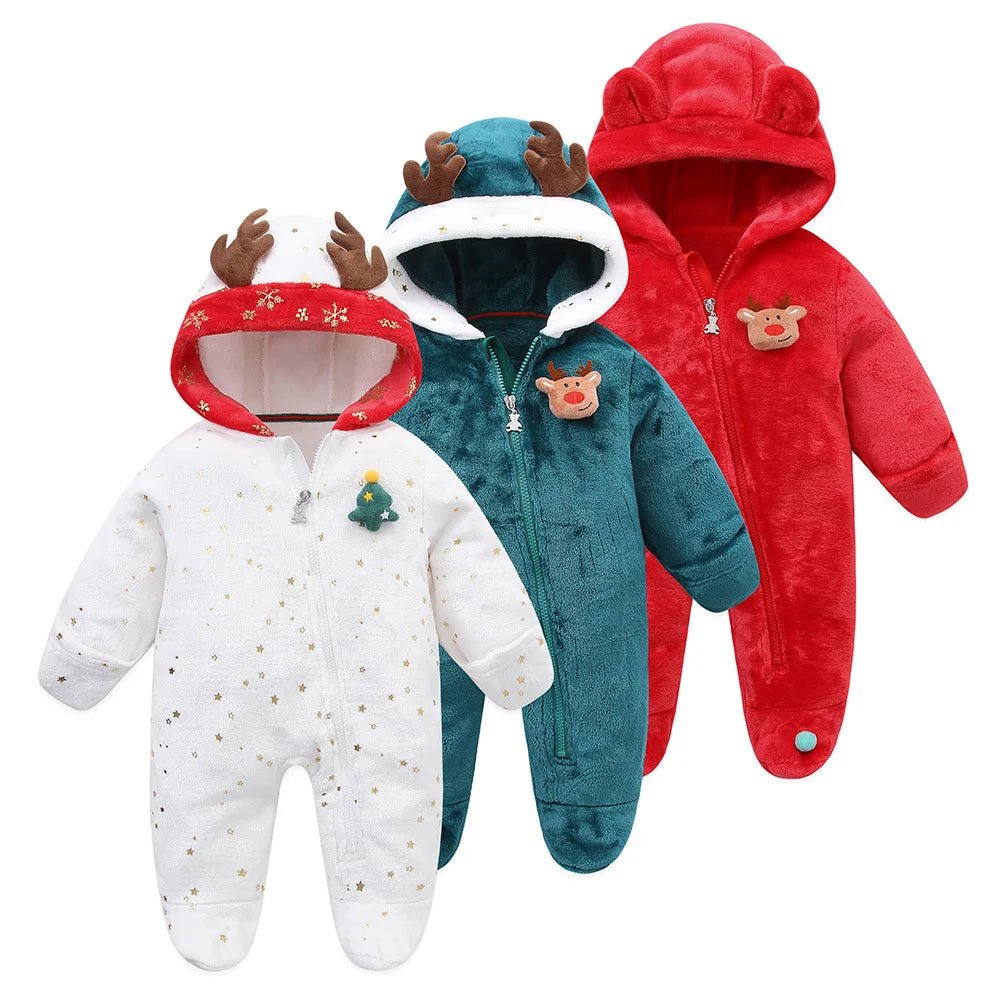 Combinaison d’hiver pour bébé Kalinatur™, douce et chaude, modèle Noël avec capuche à bois de renne.
