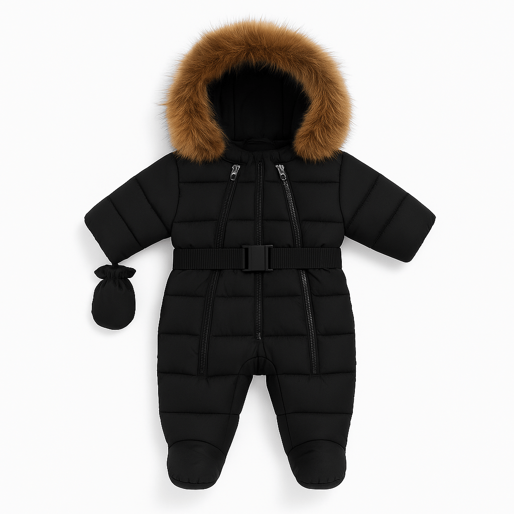 Combinaison d’hiver noire pour bébé Kalinatur™, avec capuche bordée de fausse fourrure et moufles assorties, élégante, chaude et confortable pour l’hiver.
