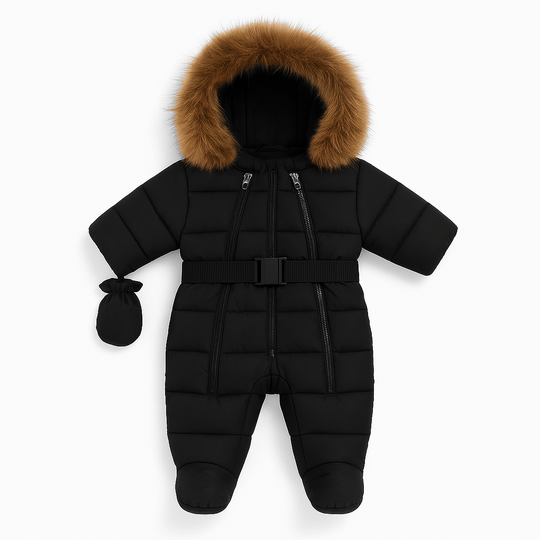 Combinaison d’hiver noire pour bébé Kalinatur™, avec capuche bordée de fausse fourrure et moufles assorties, élégante, chaude et confortable pour l’hiver.
