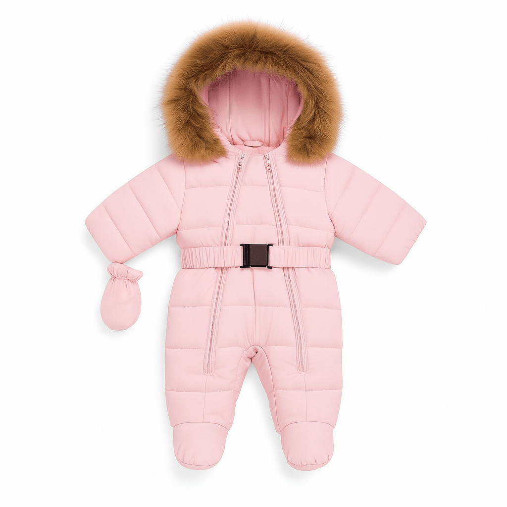 Combinaison d’hiver rose pour bébé Kalinatur™, avec capuche bordée de fausse fourrure et moufles assorties, chaude et confortable pour les journées froides.