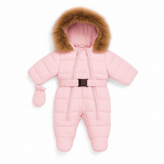 Combinaison d’hiver rose pour bébé Kalinatur™, avec capuche bordée de fausse fourrure et moufles assorties, chaude et confortable pour les journées froides.