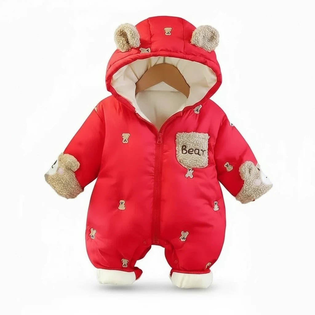 Combinaison d hiver pour bebe rouge Kalinatur avec capuche oreilles d ours et motifs bear, douce et chaude