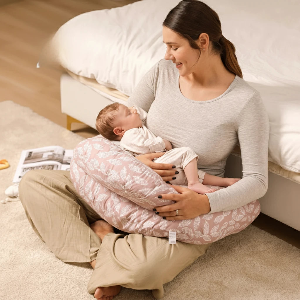 Maman allaitant son bébé avec un coussin d’allaitement ergonomique rose à motifs feuilles – confort et soutien Kalinatur™.
