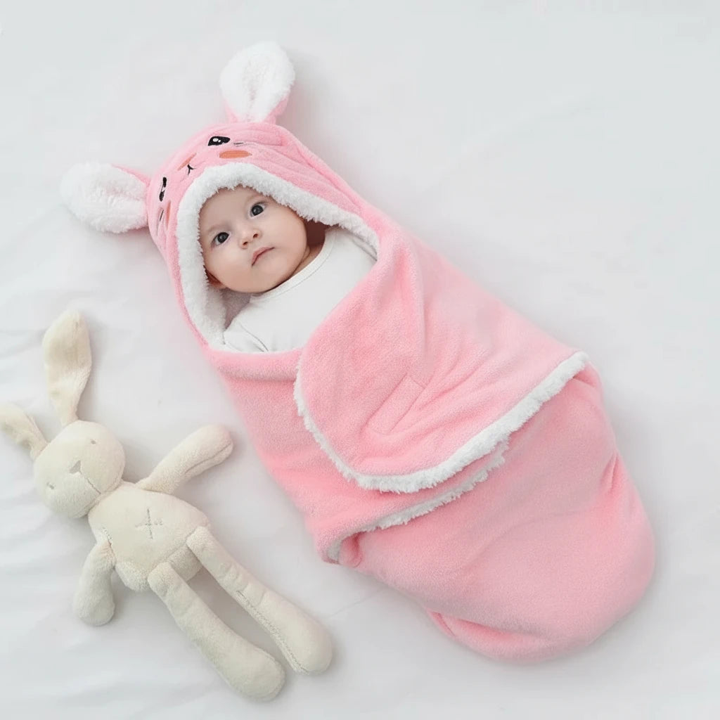 Bébé emmailloté dans une couverture rose douce en forme de lapin avec capuche à oreilles blanches, allongé à côté d’un doudou lapin, marque Kalinatur.
