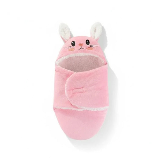Couverture bébé en forme de lapin rose avec capuche à oreilles et doublure douce en polaire blanche, marque Kalinatur.

